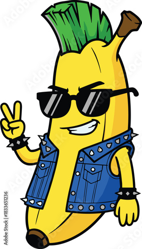 cad drawing flat vector illustration, cartoon banana character, punk rock style, mohawk sunglasses, leather vest, funny fruit, rebellious mascot design