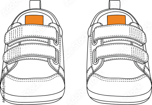 Cad drawing flat vector illustration, children shoes top view, velcro straps footwear design, black white outline sketch, fashion accessory artwork