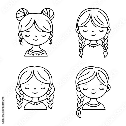 Cute Doodle Girls Portraits Set with Different Braids and Hairstyles
