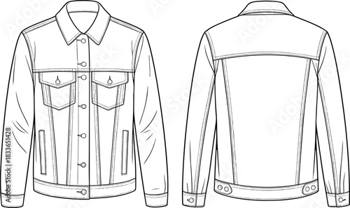 Cad drawing flat vector illustration, denim jacket front and back view, fashion sketch, garment template, clothing design, technical outerwear drawing