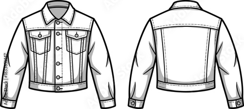 Cad drawing flat vector illustration, denim jacket front and back view, fashion technical sketch, garment design, clothing template, apparel outline
