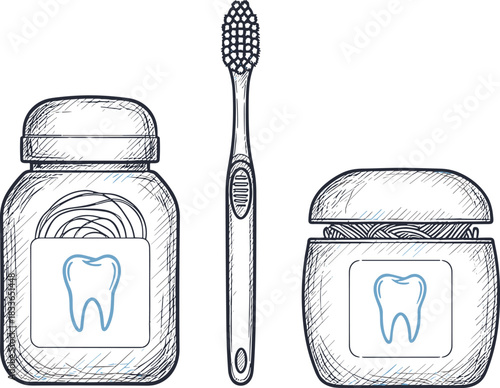 cad drawing flat vector illustration, dental hygiene tools, toothbrush floss container, oral care design, healthy teeth, dental health, medical supplies
