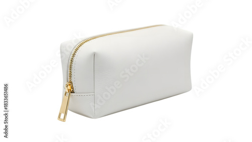Elegant white cosmetic bag with gold zipper isolated on transparent background