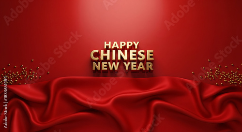 Elegant Happy Chinese New Year greeting card with golden text on a luxurious red silk background with copy space