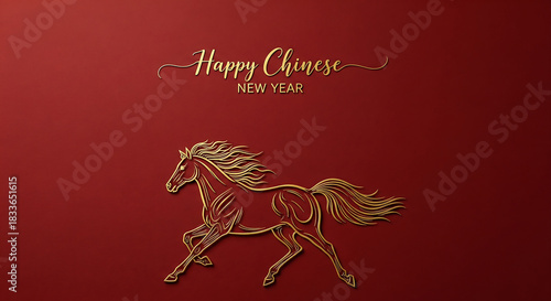 Elegant golden horse, the Chinese zodiac symbol for the Lunar New Year, on a rich red background with intricate details