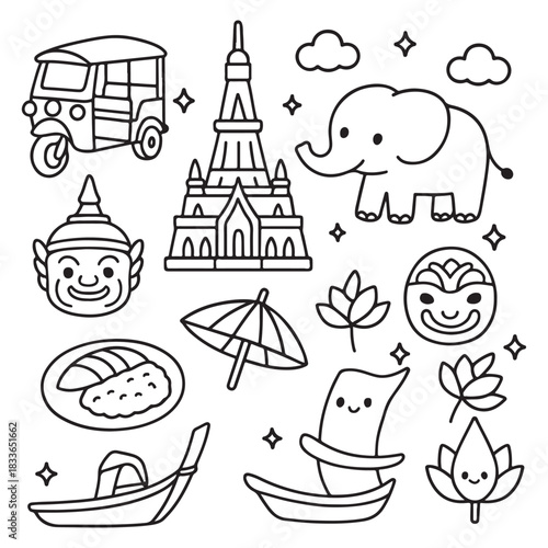 Cute doodle collection of Thailand travel symbols and icons.