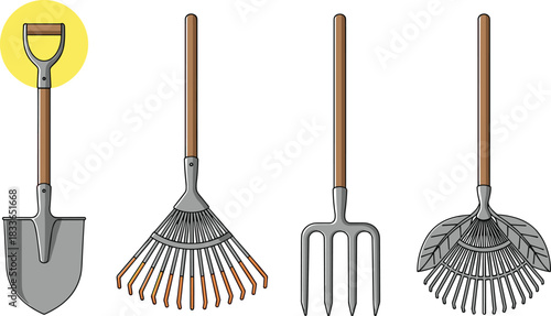 cad drawing flat vector illustration, gardening tools, shovel rake pitchfork, leaf rake design, outdoor equipment, agriculture, farming, soil digging garden work