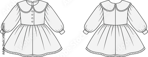 Cad drawing flat vector illustration, girl dress front back view, fashion sketch, garment design, sewing pattern, lace detail, puff sleeve