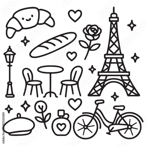 Parisian Illustration: Eiffel Tower Croissant and Bicycle.