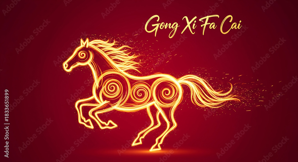 Fototapeta premium Chinese New Year celebration a elegant illustration of a shimmering golden horse, a symbol of the Chinese zodiac.