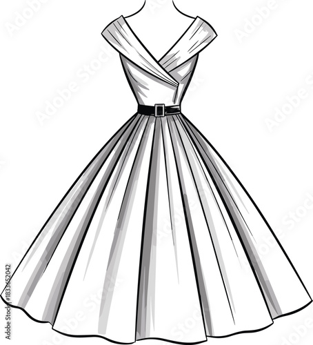 Cad drawing flat vector illustration, off-shoulder vintage dress technical sketch, front view fashion template, garment construction detail, pleated skirt