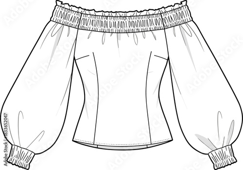 Cad drawing flat vector illustration, off shoulder blouse front and back view, ruffle neckline, puff sleeve, fashion technical sketch