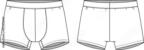 cad drawing flat vector illustration, men’s boxer briefs front back view, fashion sketch, technical underwear design, garment construction template