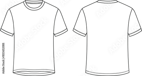 CAD drawing flat vector illustration, plain short sleeve t-shirt front back view, fashion garment technical sketch, clothing outline design template
