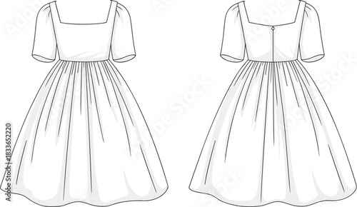 Cad drawing flat vector illustration, puff sleeve dress technical sketch, front and back view, fashion template, garment construction detail