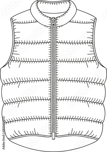 Cad drawing flat vector illustration, puffer vest technical sketch, front view fashion template, garment construction detail, quilted outerwear design
