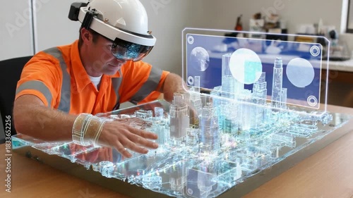 The Engineer's Augmented Reality Vision: An engineer, immersed in a futuristic project, uses augmented reality to meticulously analyze a model, blending digital insights with the physical world.