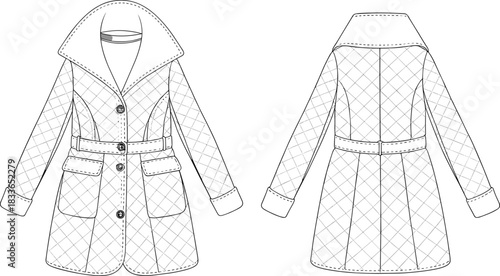 Cad drawing flat vector illustration, quilted coat fashion sketch, front and back technical design, diamond pattern outerwear template, apparel outline