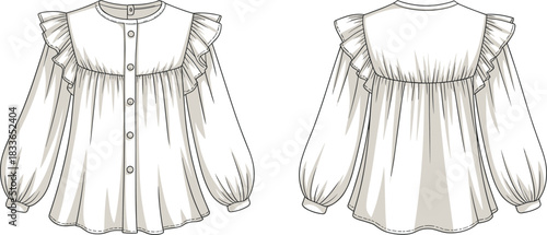 Cad drawing flat vector illustration, ruffled blouse technical sketch, front and back view, fashion template, garment construction detail, voluminous sleeve