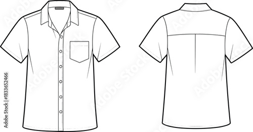 CAD drawing flat vector illustration, short sleeve button up shirt technical fashion sketch, front and back view, apparel design template, garment construction