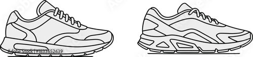 Cad drawing flat vector illustration, sneaker side view, athletic shoe sketch, footwear blueprint, fashion design, outline style, performance concept