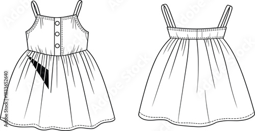 Cad drawing flat vector illustration, sleeveless dress technical sketch, fashion design template, front and back view, garment construction details