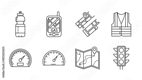 Road Trip Thin Line Icons Set Vector Water Bottle GPS Map Vest Speedometer Traffic Light