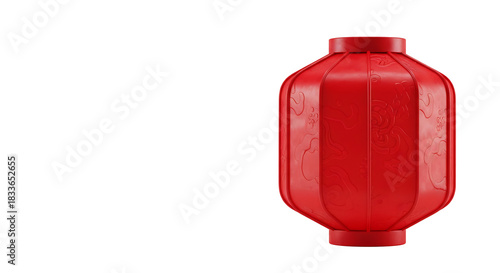 A vibrant red oriental festival lantern with a modern, minimalist blocky design isolated on a white background with copy space