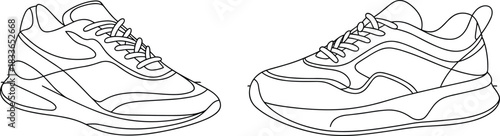 Cad drawing flat vector illustration, sneaker side view, chunky sole shoe sketch, modern footwear blueprint, fashion design, outline style concept