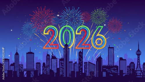Celebrate 2026 New Year with a stunning cityscape and vibrant fireworks display, ideal for holiday promotions and festive season greetings