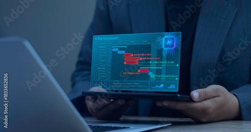 Businessman uses AI for project risk assessment. Hologram Gantt chart showing potential delays, task scheduling, and AI prediction for completion. Project Management, Predictive Analytics, Intelligent