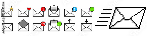 Pixel Set Mail Envelope Icon Vector Ideal for gaming interfaces, communication, email, and simple message graphics in a retro 8-bit style. Symbolizes message, communication, and digital correspondence
