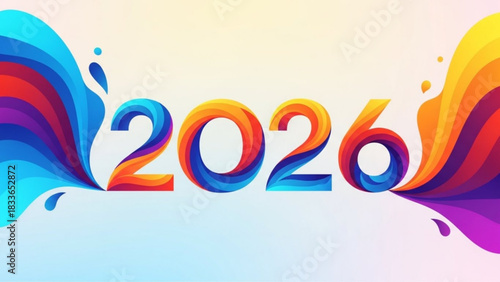 Vibrant, Modern 2026 Design Element with Flowing Color Waves for New Year Celebration, Technological Advancement, or Futuristic Branding Projects
