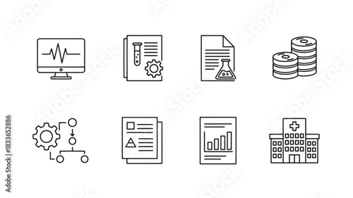 Collection of Medical Icons Representing Healthcare, Scientific Research, and Medical Facility Concepts with Modern and Minimalist Design