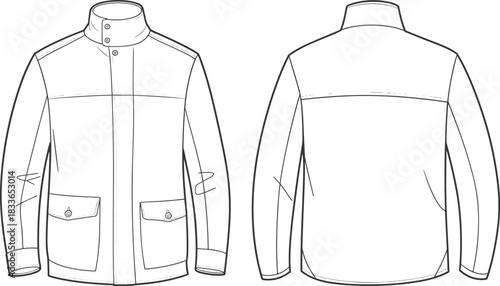cad drawing flat vector illustration, technical jacket sketch, front and back view, fashion design, garment blueprint, outerwear template, apparel construction