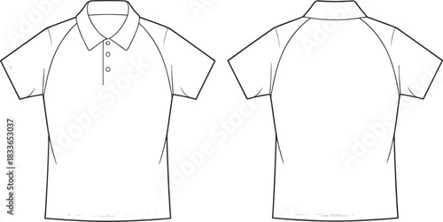 Cad drawing flat vector illustration, technical polo shirt design front and back view, fashion template, apparel mockup, raglan sleeve style