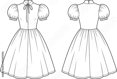 Cad drawing flat vector illustration, technical puff sleeve dress design front and back view, fashion template, apparel mockup, flared midi sketch