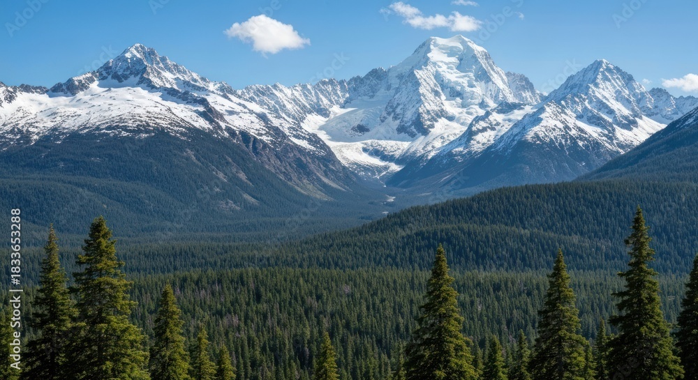 Fototapeta premium Mountain vista, snow-capped peak, lush forest