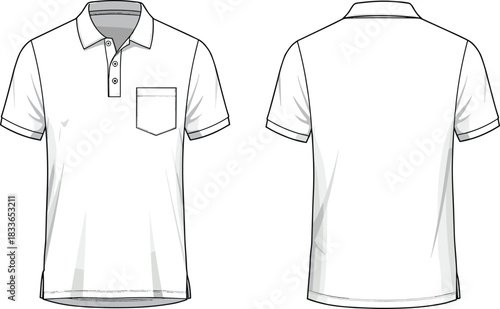cad drawing flat vector illustration, white polo shirt front back view, fashion sketch, technical garment design, casual menswear template