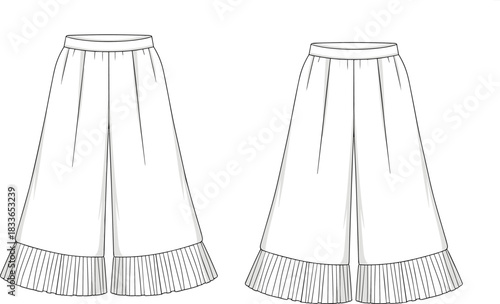 Cad drawing flat vector illustration, wide leg pants front view, pleated hem detail, fashion sketch, high waist, garment design