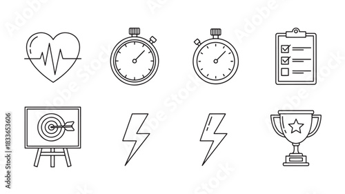 Assorted Line Art Icons Collection Depicting Health Goals and Achievement featuring Heartbeat, Stopwatch, Checklist, Target, Lightning Bolts and Trophy