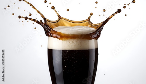Splashing pint of dark stout beer with creamy foam overflow. Dynamic Guinness-style ale pour in glass for refreshing beverage stock photography