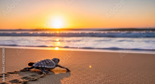 A baby sea turtle on a sandy beach at sunset.