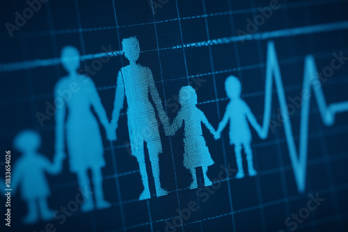A glowing blue ECG line forms a family silhouette (four people) on a dark digital background.
Symbolism: Represents Family Health, Life's Vitality, Protection, and the Core Importance of Kinship.