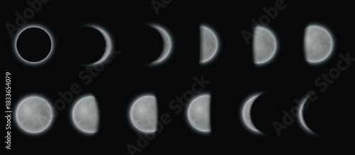 Realistic moon phases: waning, waxing, full, eclipse, glow effect, isolated black background.