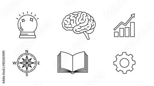 Collection of Symbolic Line Art Illustrations Representing Knowledge, Growth, Insight, Guidance, and Mechanical Processes on a White Canvas