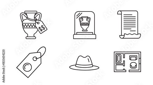Antiques Line Art Vase Price Showcase Scroll Tag Hat Blueprint History Ancient Collectibles Decoration Auction Vector