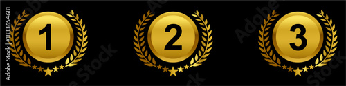 Award 1, 2 and 3 Badge with Stars and Wreath Vector Ideal for ranking, competition, achievement, and premium status graphics. Symbolizes top achievement, ranking, and victory status.