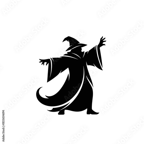Silhouette of a wizard in a flowing robe and pointed hat casting a spell vector template design