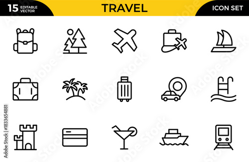 Travel line icon set with passport, suitcase, airplane, hotel, map, globe, compass, backpack, camera, beach icon. Thin outline icons pack. Vector illustration